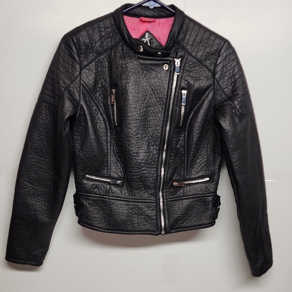 Atmosphere black faux leather textured biker, moto jacket. sz 8 US